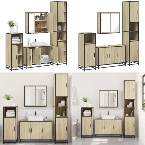 Juego de muebles de baño 4 pzas contrachapada roble sonoma - Armario de baño - Muebles de baño con espejo