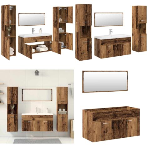 Juego de muebles de baño 5 piezas madera ingeniería envejecida - Muebles de baño - Lavabo empotrado