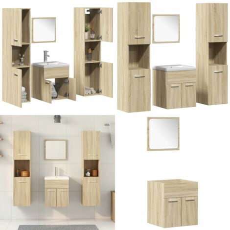 Juego de muebles de baño 5 pzas madera ingeniería roble Sonoma - Armario de baño - Espejo de maquillaje