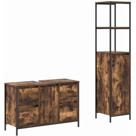 Juego de muebles de baño con cajón 2 pcs Roble ahumado y Negro