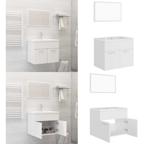 Juego de muebles de baño madera de ingeniería blanco - Lavabo empotrado - Espejo de baño
