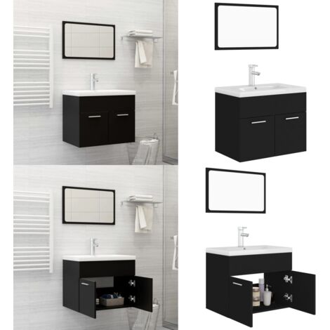 Juego de muebles de baño madera de ingeniería negro - Armario de lavabo - Lavabo empotrado