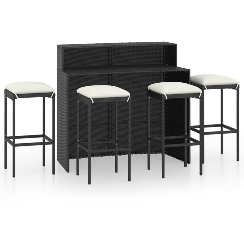 

Juego de muebles de bar de jardín de 5 piezas y cojines negro