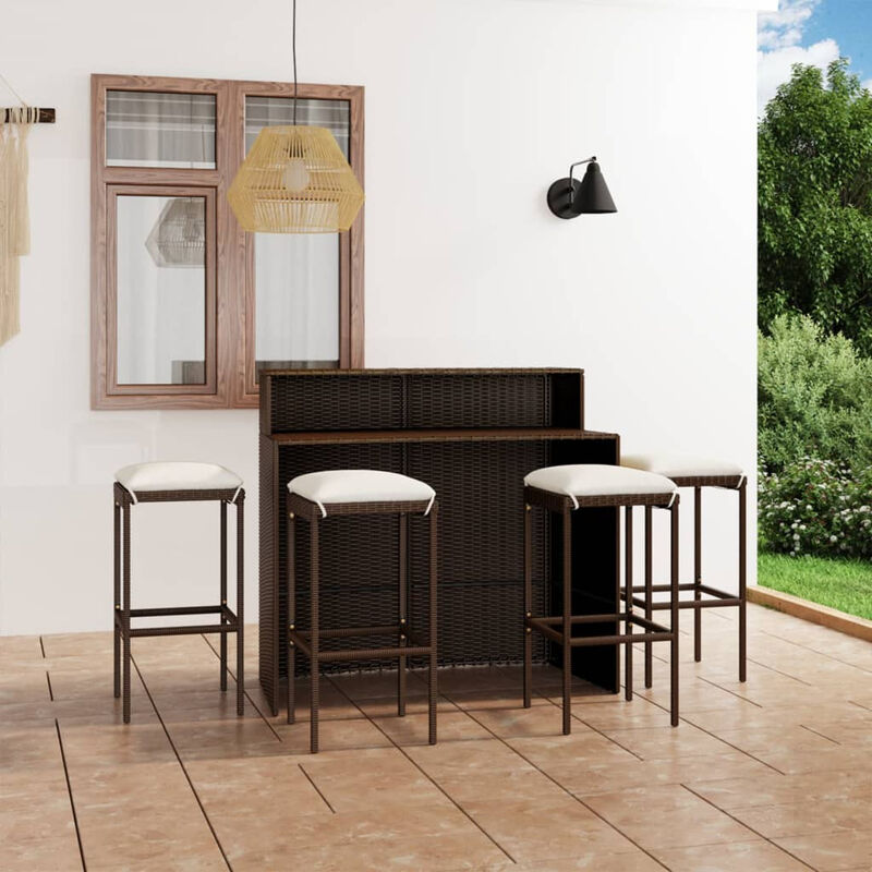

Juego de muebles de bar para jardin 5 piezas y cojines marron