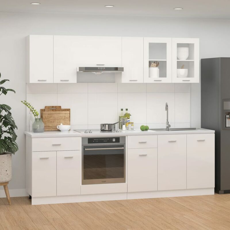 

Juego de muebles de cocina 8 piezas aglomerado blanco brillo - Blanco