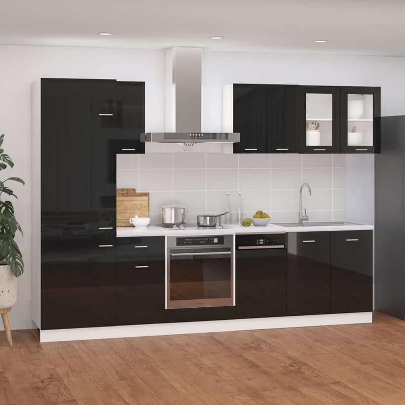 

Juego de muebles de cocina 8 piezas aglomerado negro brillo - Negro