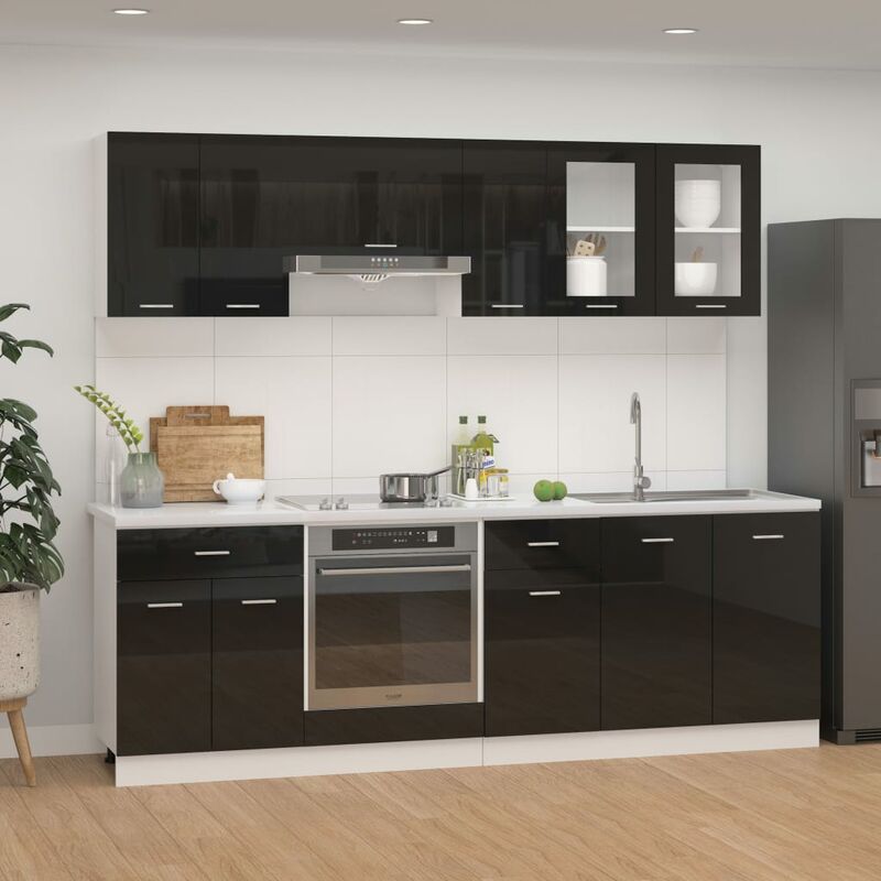 

Juego de muebles de cocina 8 piezas aglomerado negro brillo - Negro