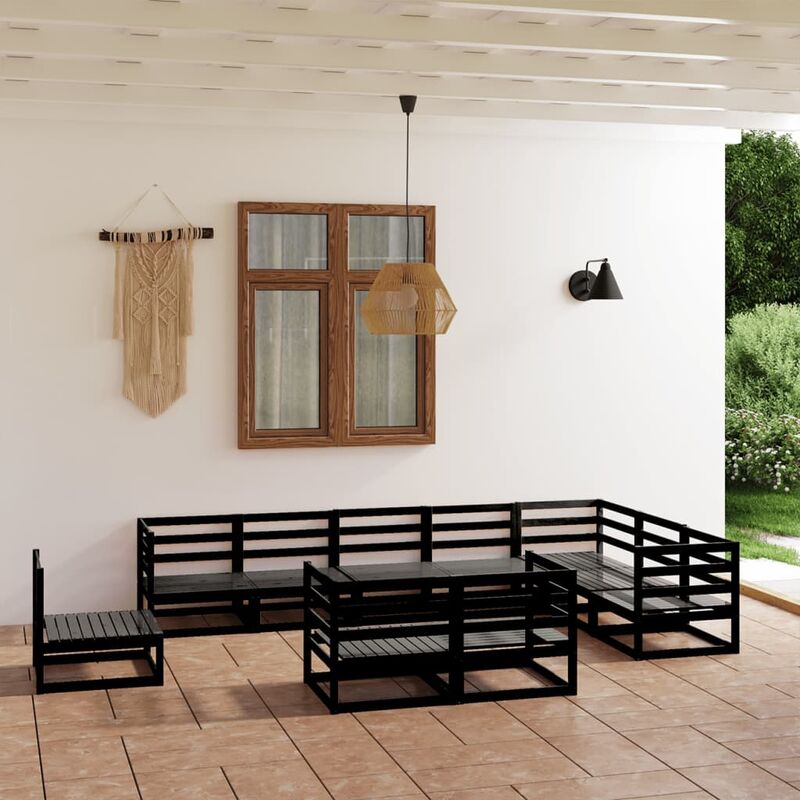 

Juego de muebles de jardín 10 piezas negro madera maciza pino