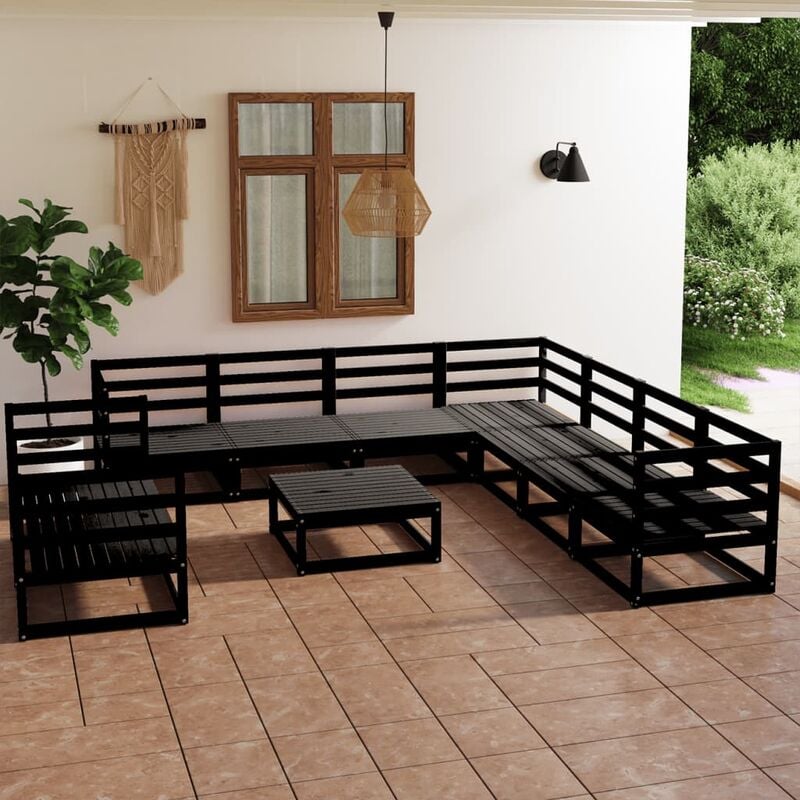 

Juego de muebles de jardín 10 piezas negro madera maciza pino