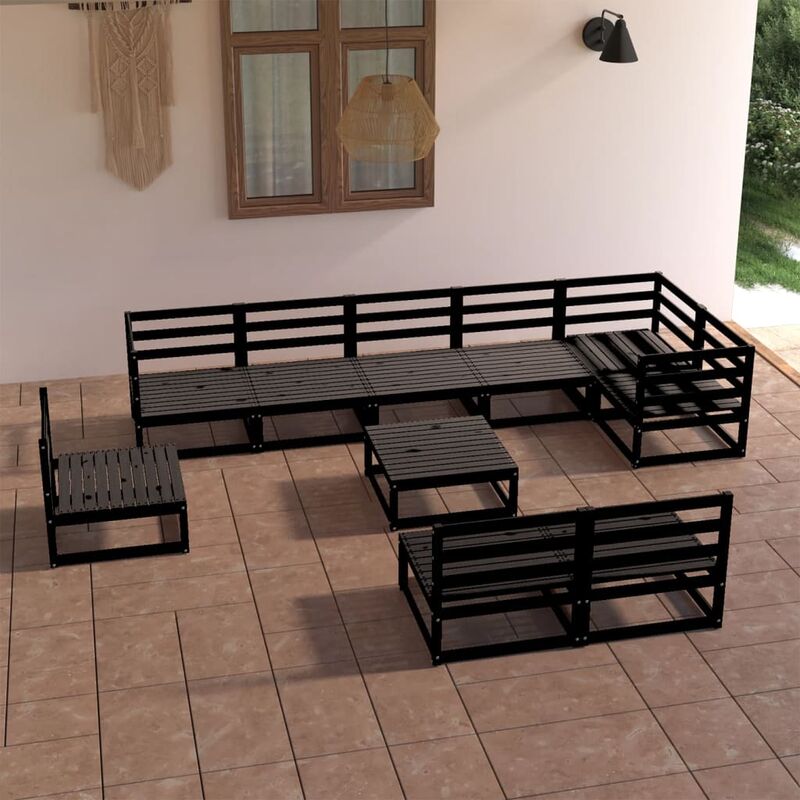 

Juego de muebles de jardín 10 pzas negro madera maciza de pino