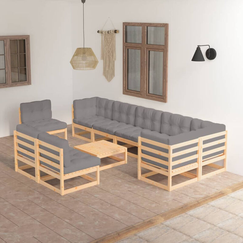 

Juego de muebles de jardin 10 pzas y cojines madera pino maciza