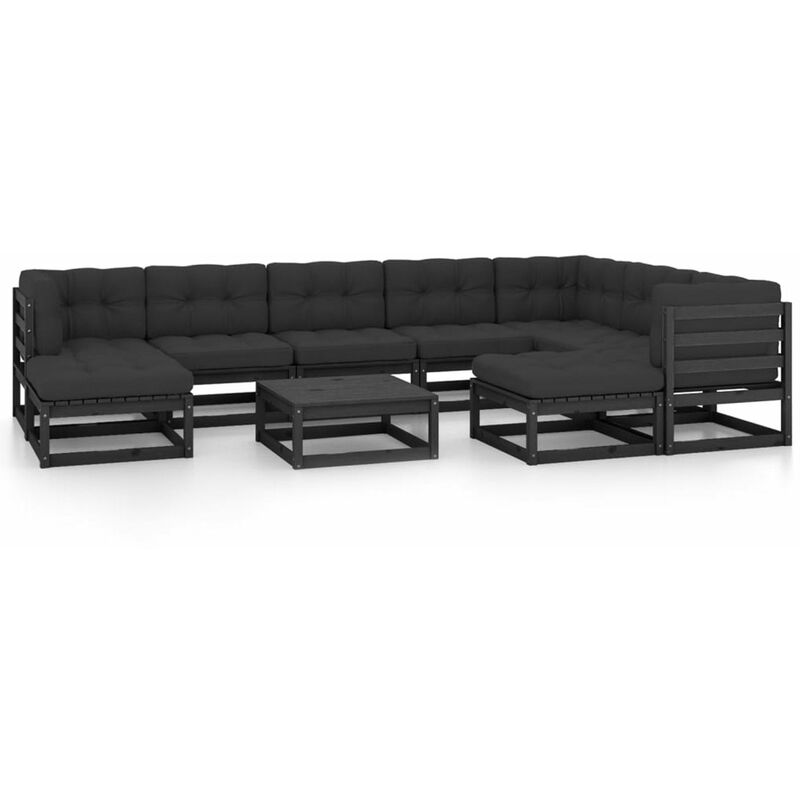 

Happyshopping - Juego de muebles de jardin 10 pzas y cojines negro madera pino