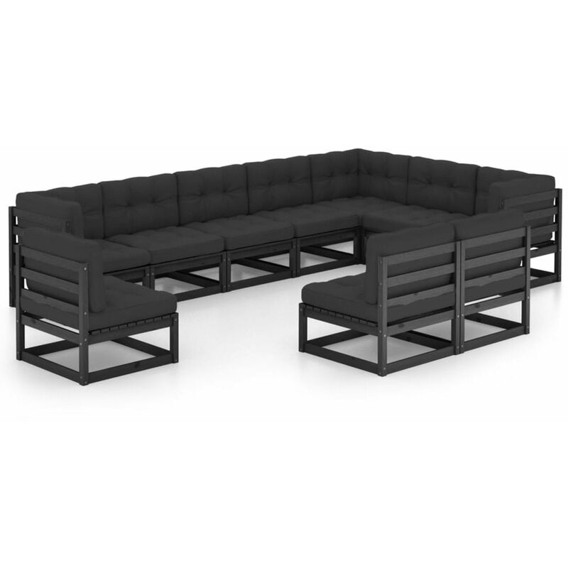 

Happyshopping - Juego de muebles de jardin 10 pzas y cojines negro madera pino