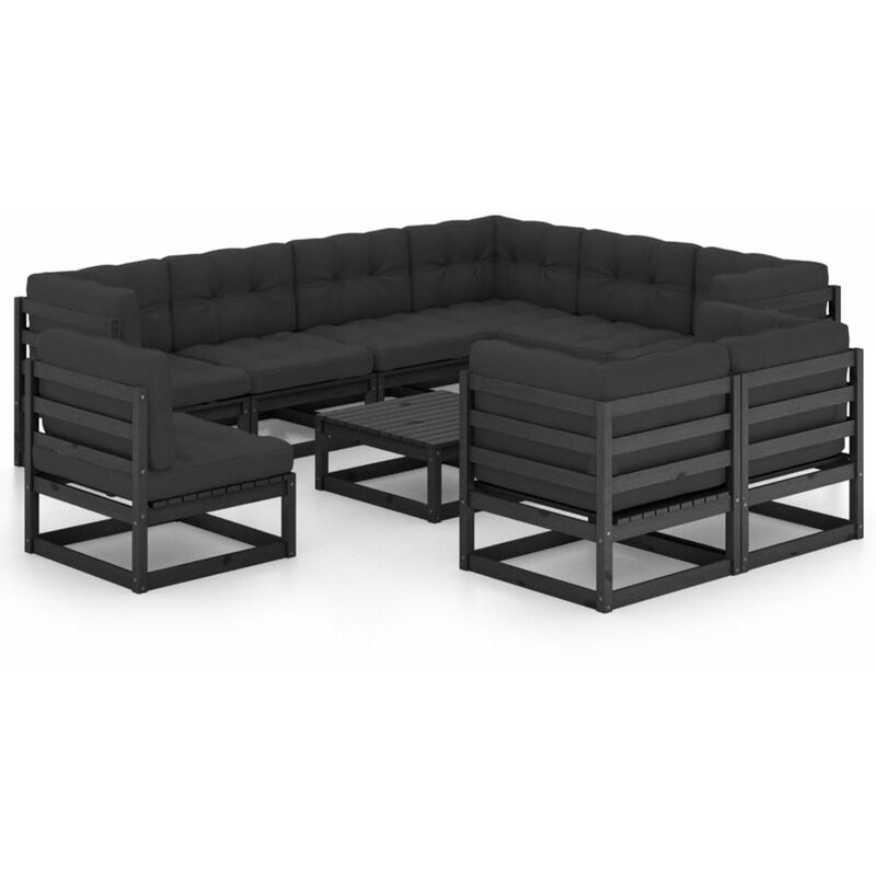 

Happyshopping - Juego de muebles de jardin 10 pzas y cojines negro madera pino