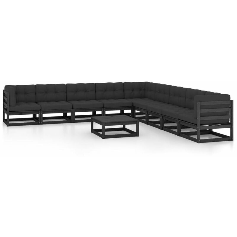 

Happyshopping - Juego de muebles de jardin 10 pzas y cojines negro madera pino