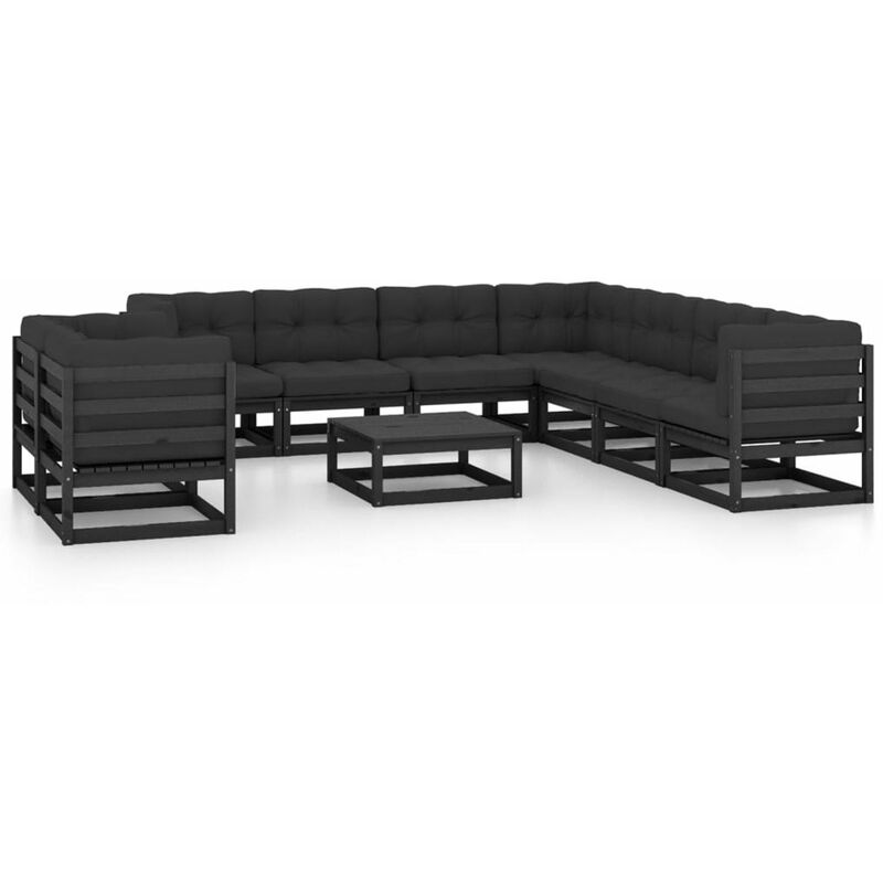 

Happyshopping - Juego de muebles de jardin 10 pzas y cojines negro madera pino