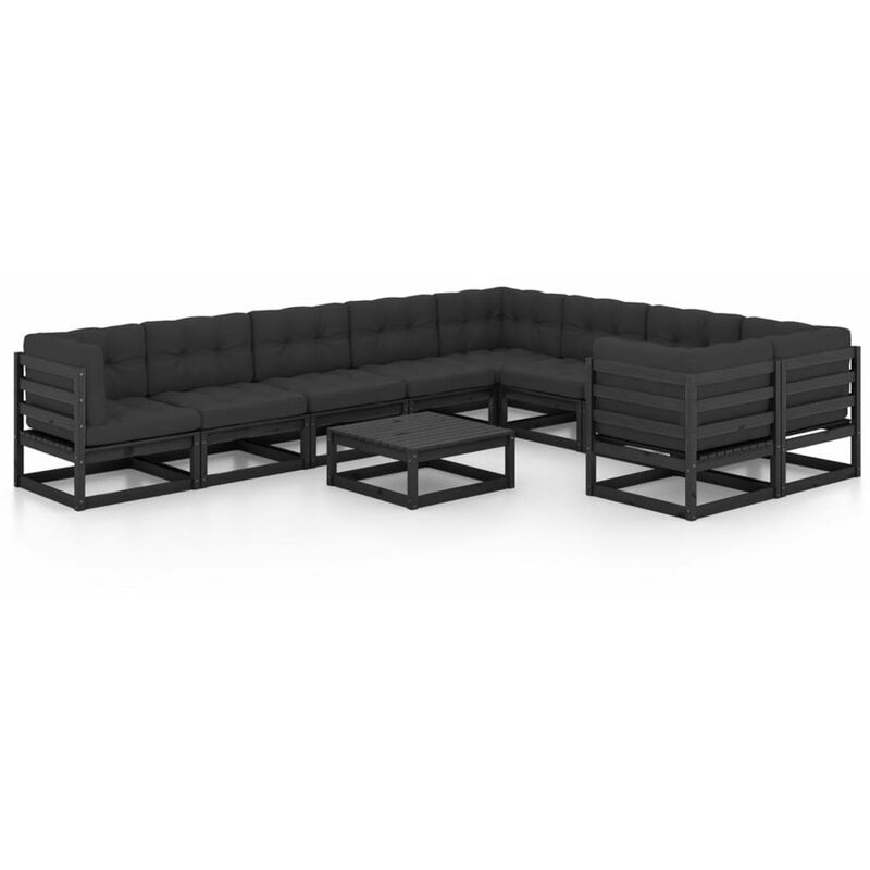 

Happyshopping - Juego de muebles de jardin 10 pzas y cojines negro madera pino