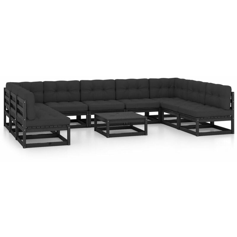 

Happyshopping - Juego de muebles de jardin 10 pzas y cojines negro madera pino