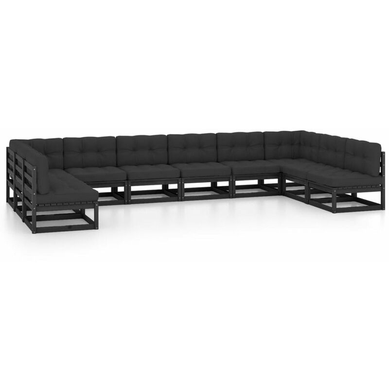 

Happyshopping - Juego de muebles de jardin 10 pzas y cojines negro madera pino