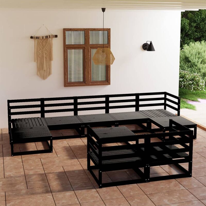 

Juego de muebles de jardín 10 pzas y cojines negro madera pino