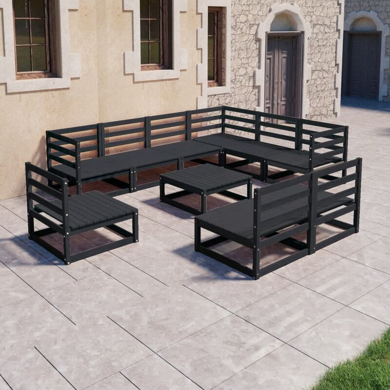 

Juego de muebles de jardín 10 pzas y cojines negro madera pino