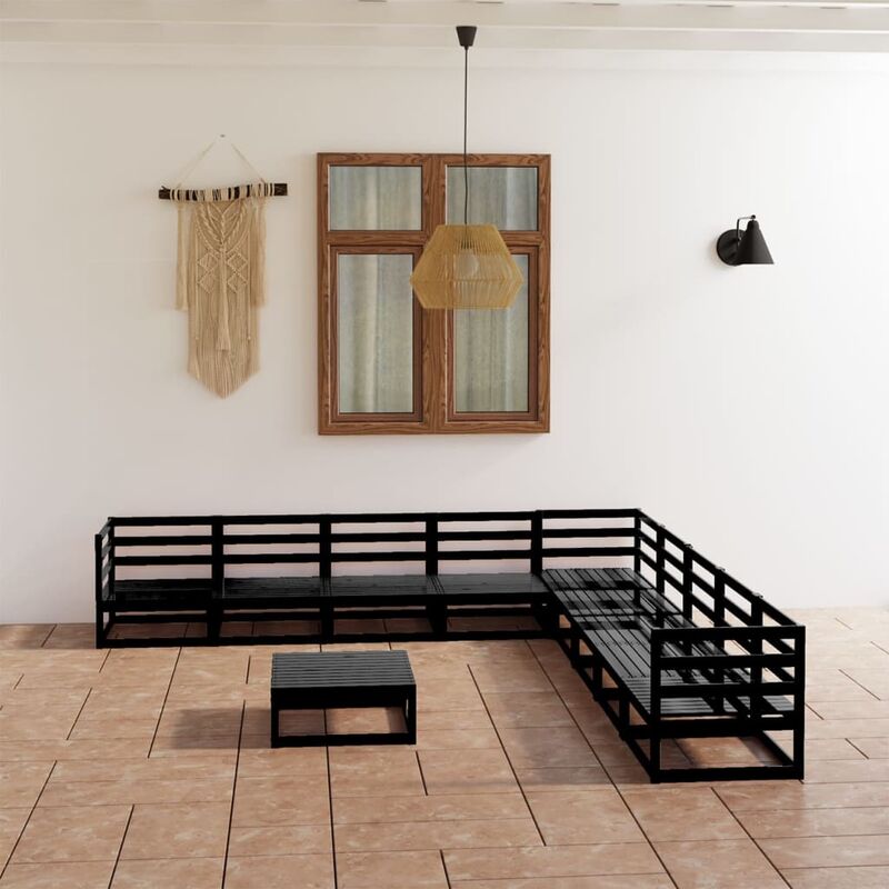 

Juego de muebles de jardín 10 pzas y cojines negro madera pino