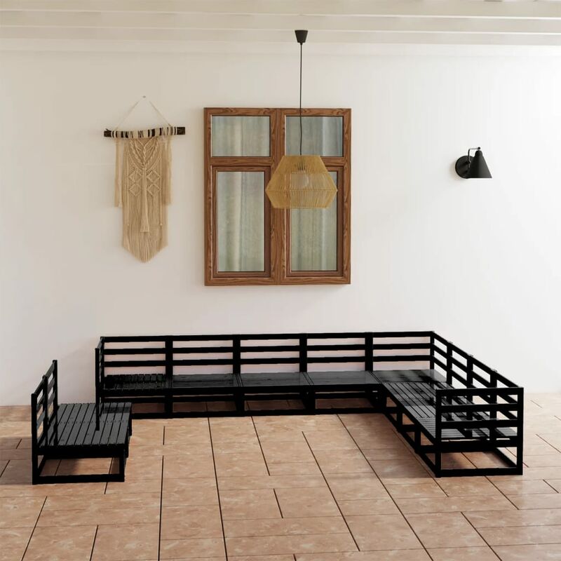 

Juego de muebles de jardín 10 pzas y cojines negro madera pino