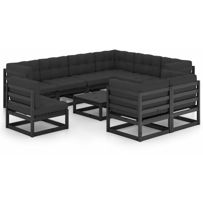 

Juego de muebles de jardín 10 pzas y cojines negro madera pino