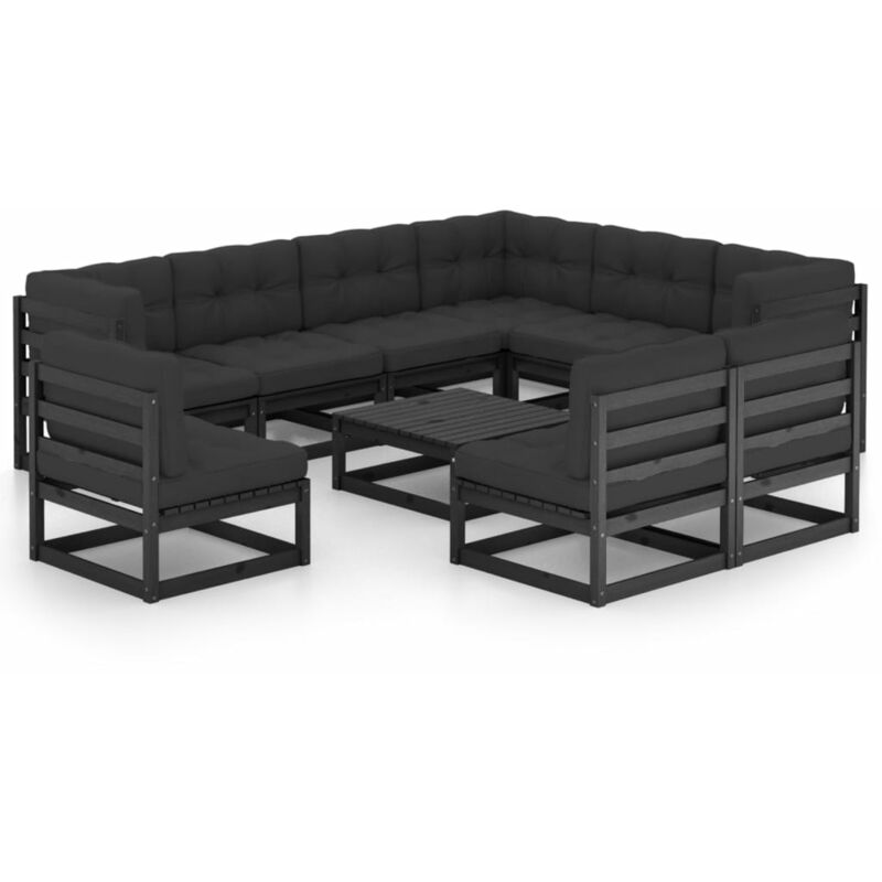 

Juego de muebles de jardín 10 pzas y cojines negro madera pino