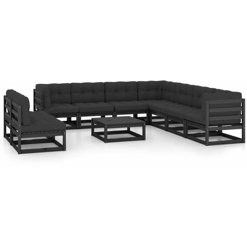 

Juego de muebles de jardín 10 pzas y cojines negro madera pino