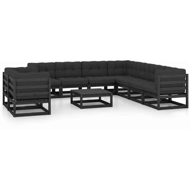 

Juego de muebles de jardín 10 pzas y cojines negro madera pino