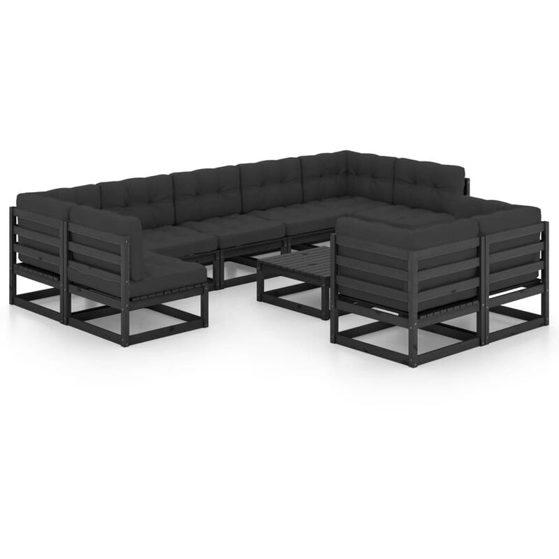 

Juego de muebles de jardín 10 pzas y cojines negro madera pino