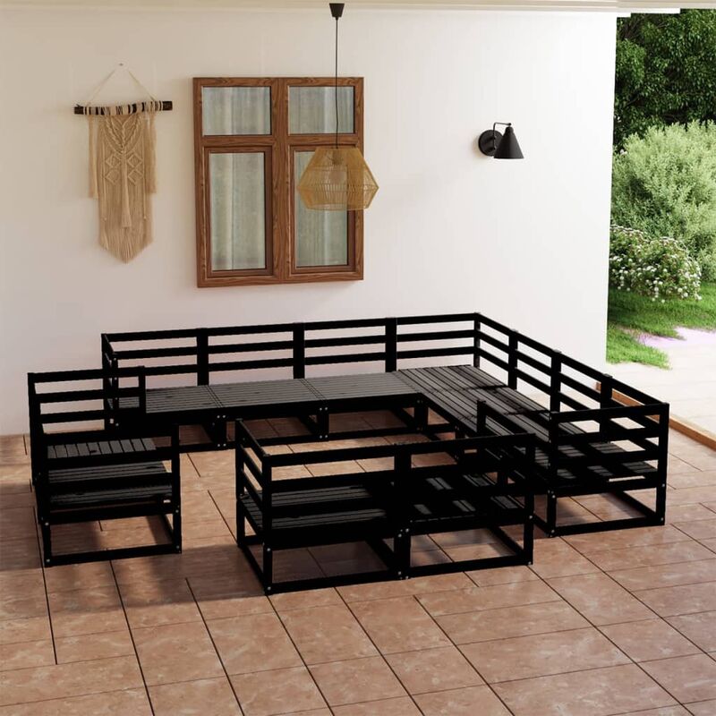 

Juego de muebles de jardín 11 piezas negro madera maciza de pino