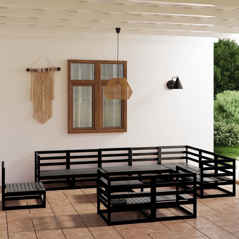 

Juego de muebles de jardín 11 pzas negro madera maciza de pino