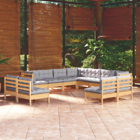 Juego de muebles de jardín 11 pzas y cojines madera maciza pino vidaXL