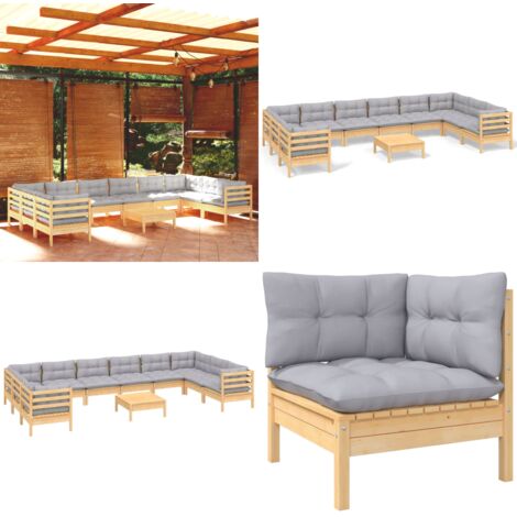 Juego de muebles de jardín 11 pzas y cojines madera pino gris - Muebles de exterior - Cojines de jardín