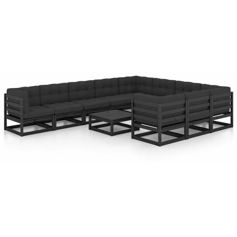 

Happyshopping - Juego de muebles de jardin 11 pzas y cojines negro madera pino