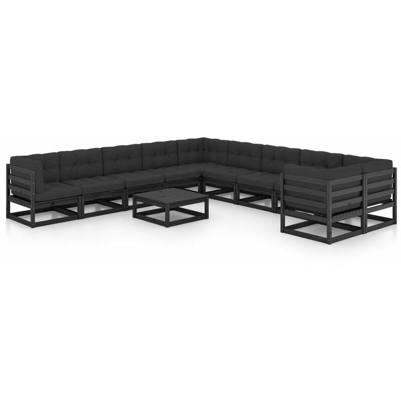 

Happyshopping - Juego de muebles de jardin 11 pzas y cojines negro madera pino