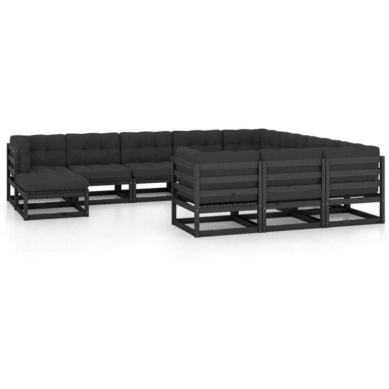 

Happyshopping - Juego de muebles de jardin 11 pzas y cojines negro madera pino
