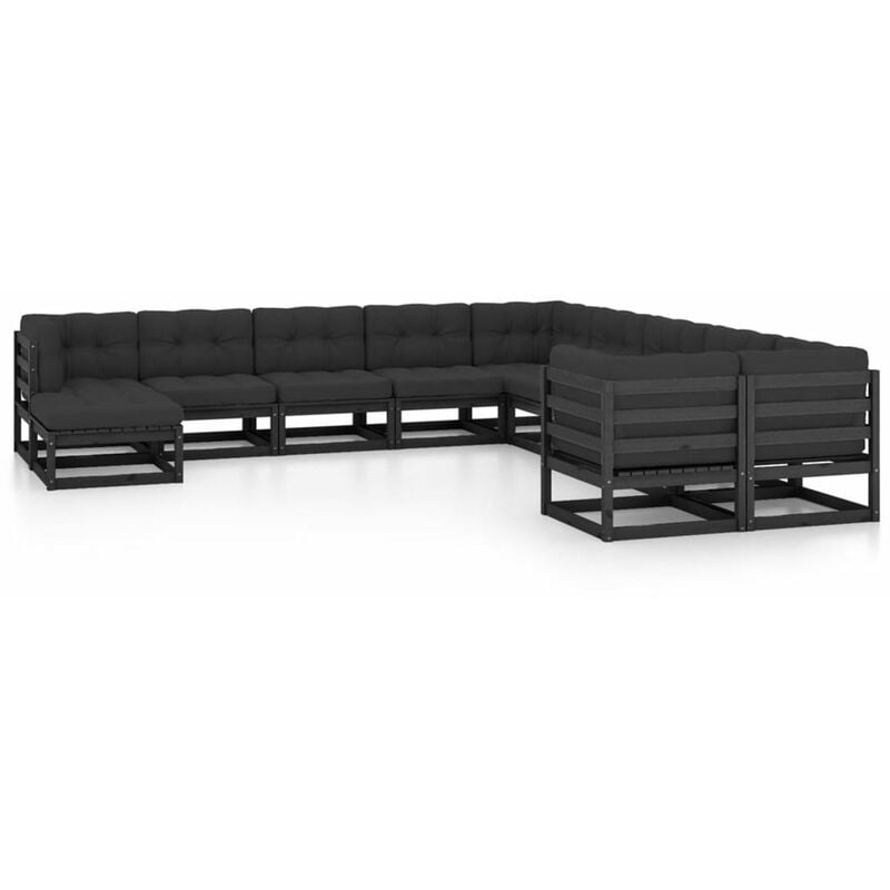 

Happyshopping - Juego de muebles de jardin 11 pzas y cojines negro madera pino