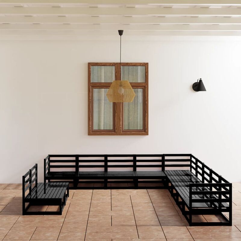 

Juego de muebles de jardín 11 pzas y cojines negro madera pino
