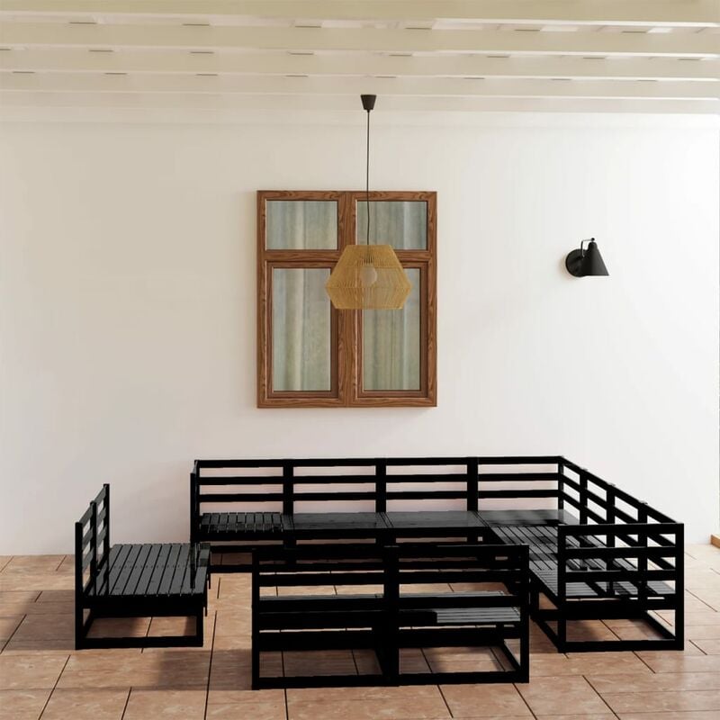 

Juego de muebles de jardín 11 pzas y cojines negro madera pino