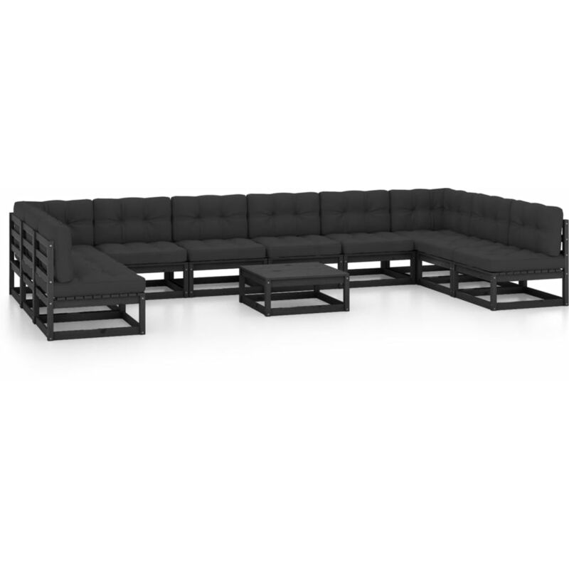

Juego de muebles de jardín 11 pzas y cojines negro madera pino