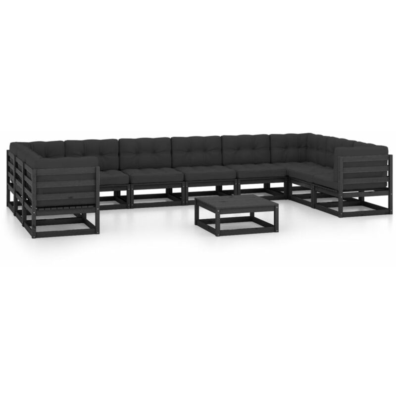 

Juego de muebles de jardín 11 pzas y cojines negro madera pino