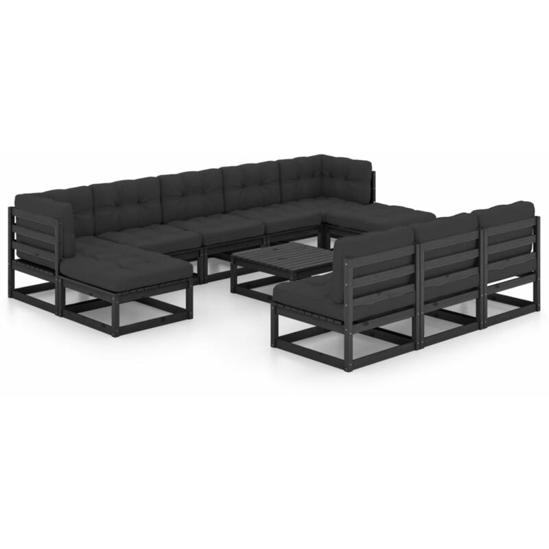 

Juego de muebles de jardín 11 pzas y cojines negro madera pino