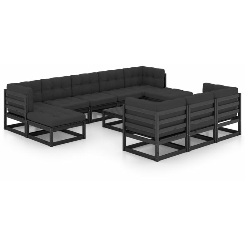 

Juego de muebles de jardín 11 pzas y cojines negro madera pino