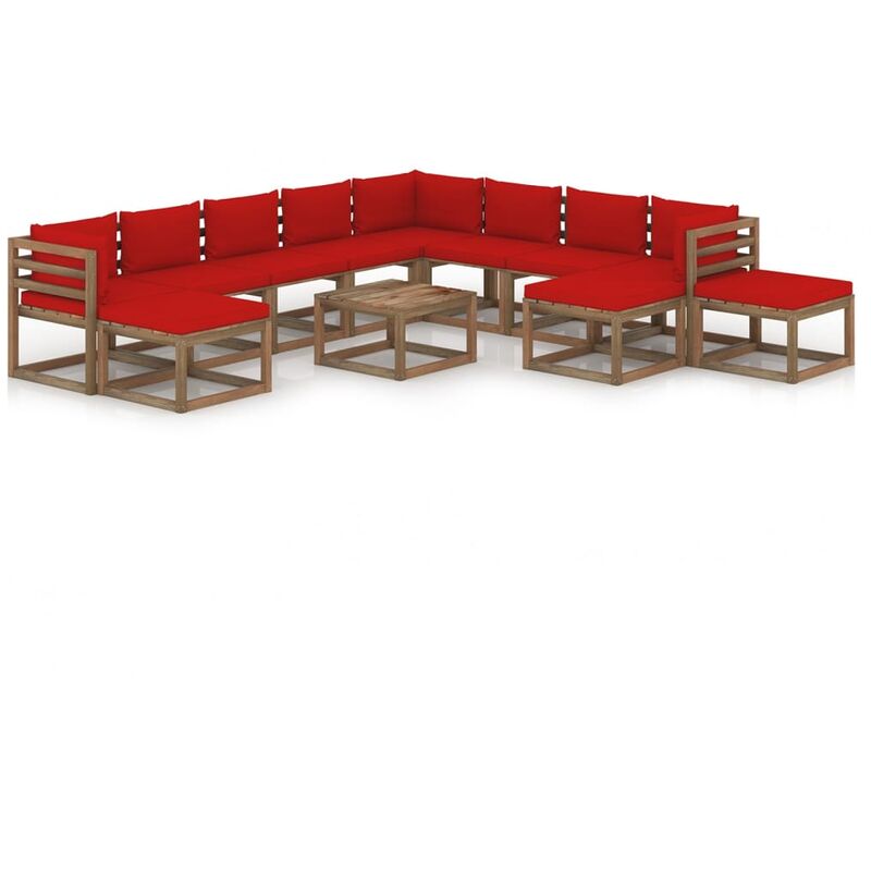 

Juego de muebles de jardín 12 piezas con cojines rojo