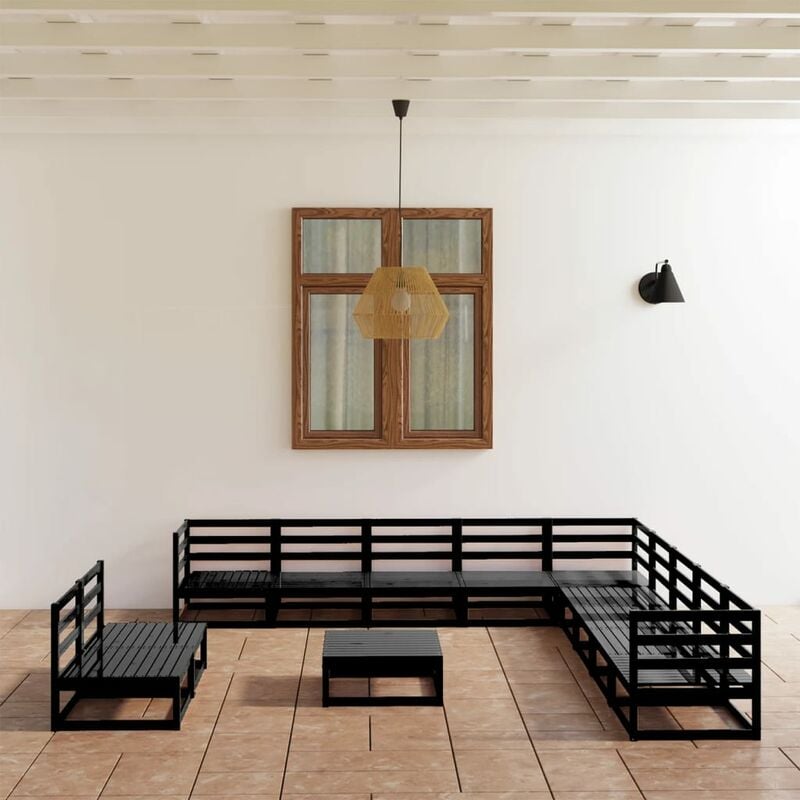 

Juego de muebles de jardín 12 pzas y cojines negro madera pino