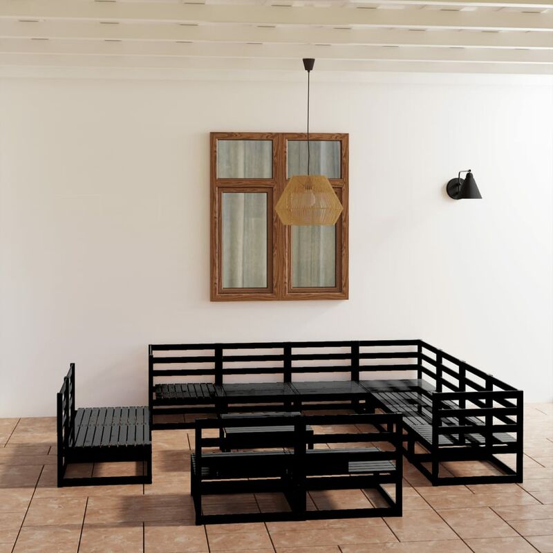 

Juego de muebles de jardín 12 pzas y cojines negro madera pino