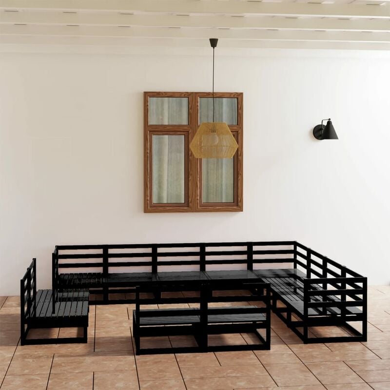 

Juego de muebles de jardín 12 pzas y cojines negro madera pino